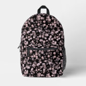 Verspreiding van roze en witte parels op zwarte ve bedrukte rugzak (Voorkant)