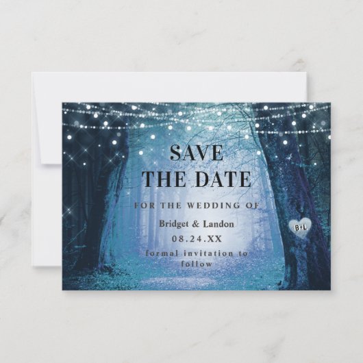 Versproeier verscheurd bos donker blauw sparen de  save the date (Voorkant)