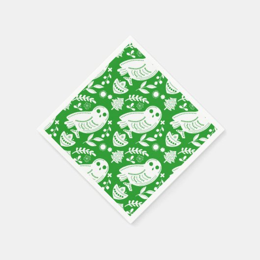 Verstandige Uil Folk Art Groene Feestdagen Servet (Hoek)