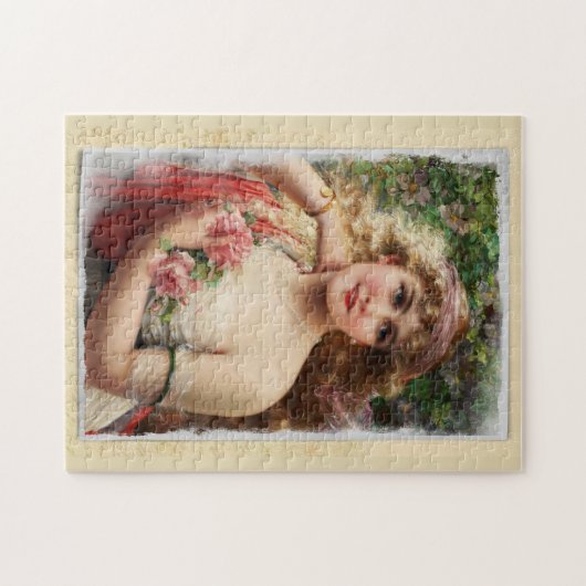 Versteurde victoriaanse vrouw met roze rozen legpuzzel (Horizontaal)