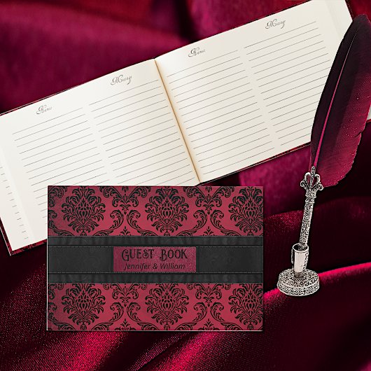 Verstoorde gothic Red en Black Damask Wedding Gastenboek