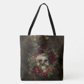 Verstoorde Gothische schedel tussen Rozen op leder Tote Bag (Voorkant)