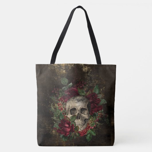 Verstoorde Gothische schedel tussen Rozen op leder Tote Bag (Voorkant)