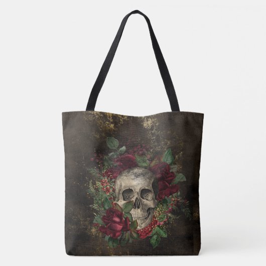 Verstoorde Gothische schedel tussen Rozen op leder Tote Bag (Achterkant)