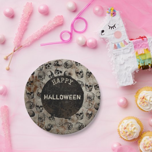 Verstoorde Happy Halloween Party  Skulls Papieren Bordje (Feest)