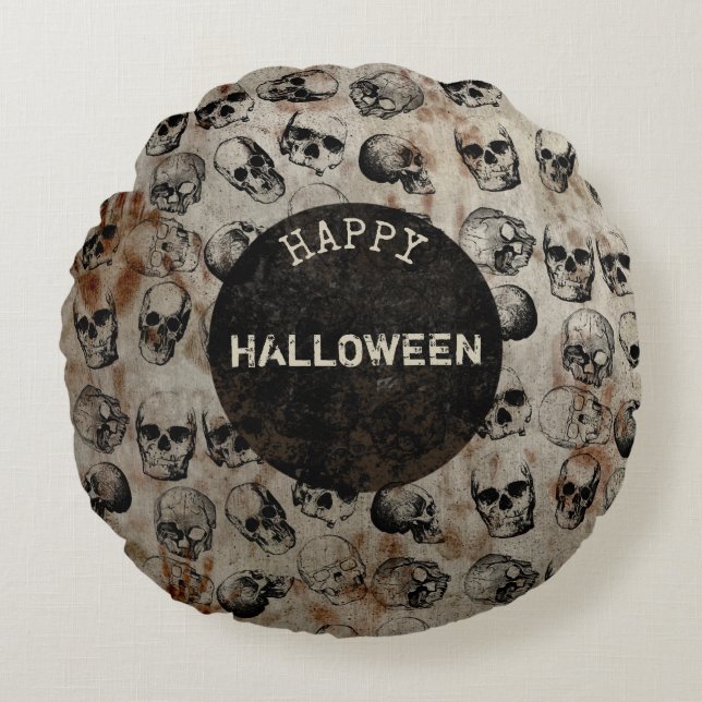 Verstoorde Happy Halloween  Skulls Rond Kussen (Voorkant)