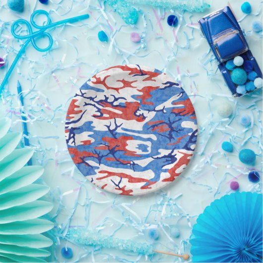 Verstoorde rode witte en blauwe Camo Papieren Bordje (Feest)