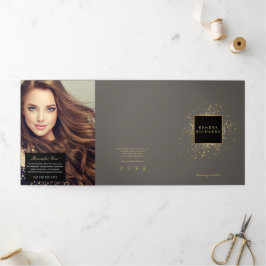 Verstrooide Nep Gouden Confetti op Grijze Brochure Drieluik Kaart