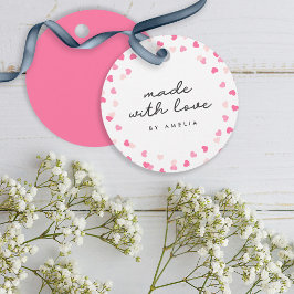 Verstrooide Roze Harten Confetti Gemaakt Met Liefd Bedankjes Labels