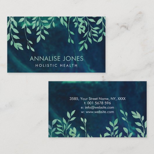 Vertaalde blauwgroen bladeren op verfde textuur visitekaartje (Voorkant / Achterkant)
