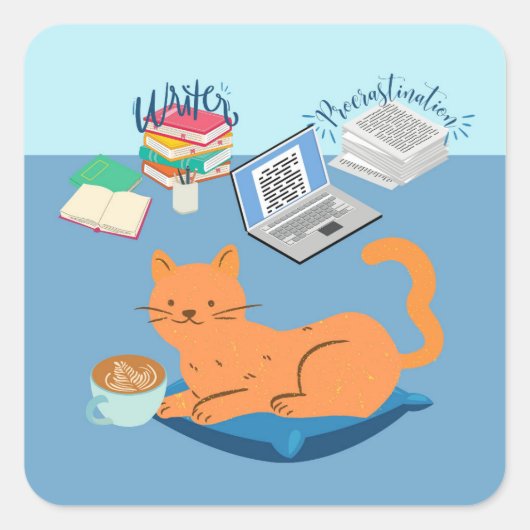 Vertager Schrijver Kat Vierkante Sticker (Voorkant)