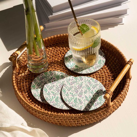 Vertakken de waterverf van pasta's paars en groen ronde kartonnen onderzetter