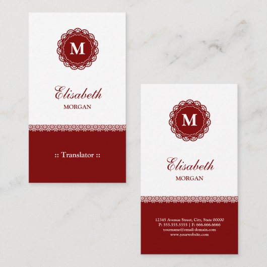 Vertaler - Elegant Red Lace Monogram Visitekaartje (Voorkant / Achterkant)