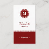 Vertaler - Elegant Red Lace Monogram Visitekaartje (Voorkant)