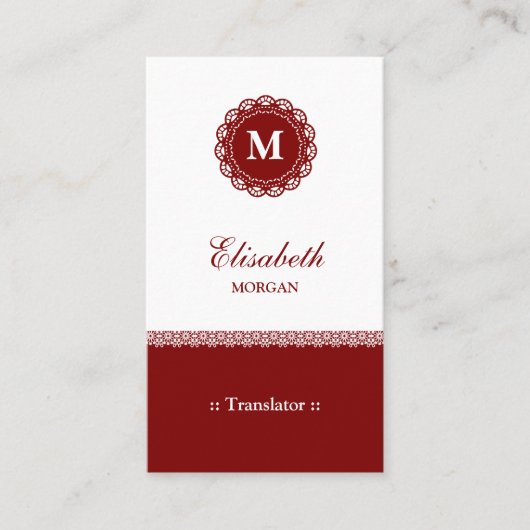 Vertaler - Elegant Red Lace Monogram Visitekaartje (Voorkant)