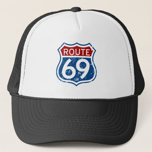 verteerde route 69 rood wit en blauw trucker pet (Voorkant)