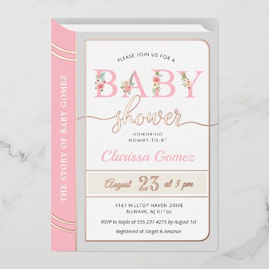 Verteller: Verbaasbaar babymeisje Roze Rose Folie Uitnodiging (Voorkant)