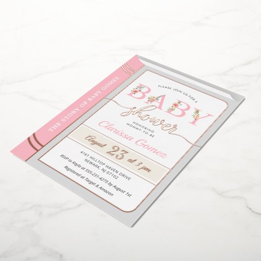 Verteller: Verbaasbaar babymeisje Roze Rose Folie Uitnodiging (Gedraaid)