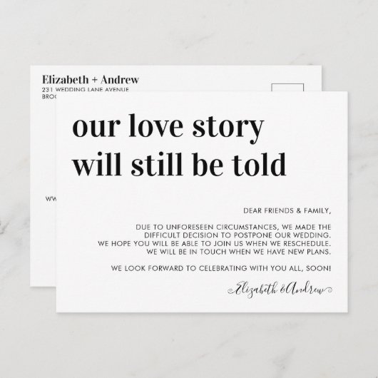 Vertelling over uitstel van het huwelijk zal nog s aankondigingskaart (Voorkant / Achterkant)