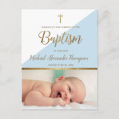 Verticaal Blauw Baby Boy Foto Doop Dank u Briefkaart (Voorkant)