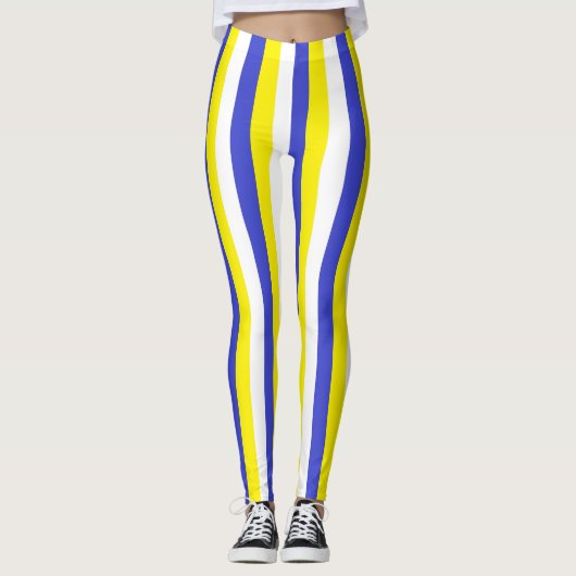 Verticaal blauwe, gele en witte strepen leggings (Voorkant)