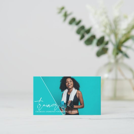 Verticaal Blauwgroen | Personal Trainer QR Code Fo Visitekaartje (Staand voorkant)