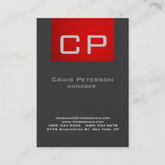 Verticaal Creative Grey Red Monogram Visitekaartje (Voorkant)