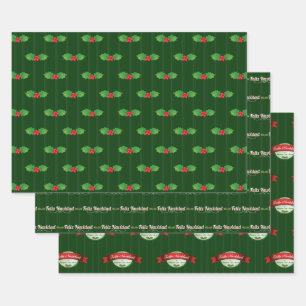 Verticaal gestreept Holly Berry Feliz Navidad Inpakpapier Vel
