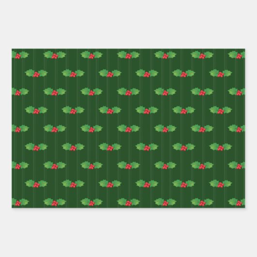 Verticaal gestreepte Holly Berry Feliz Navidad Inpakpapier Vel (Voorkant)