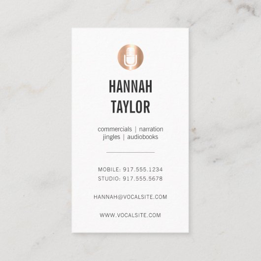 Verticaal kopermicrofoonluidspreker visitekaartje (Achterkant)