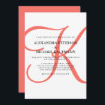 Verticaal modern Klassiek Monogram op koraalbruilo Kaart<br><div class="desc">Deze stijlvolle trouwuitnodigingen tonen je monogram in grote,  moderne tekst gekleurd in trendy koraal op een witte achtergrond. Een eenvoudige,  elegante zoektocht naar je moderne bruiloft.</div>