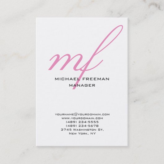 Verticaal modern, roze, wit handschrift monogram visitekaartje (Voorkant)
