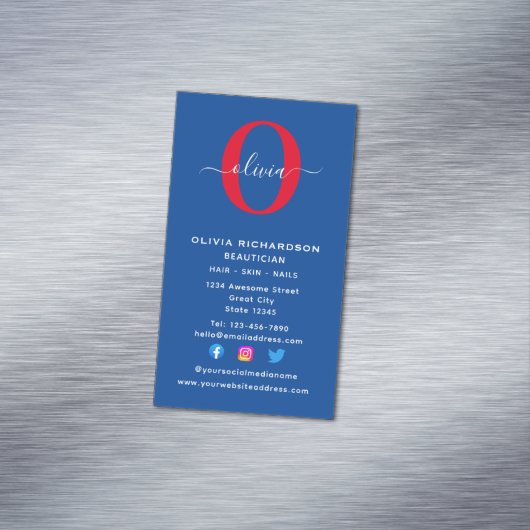Verticaal monogram script Naam Blauw Rood Magnetisch Visitekaartje (Voorbeeld)