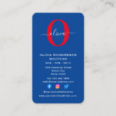 Verticaal monogram script Naam Blauw Rood Visitekaartje (Voorkant)
