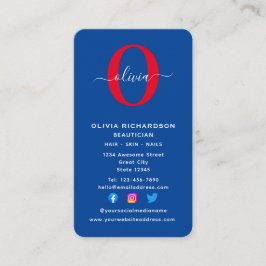 Verticaal monogram script Naam Blauw Rood Visitekaartje
