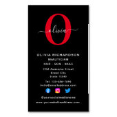 Verticaal monogram script naam zwart wit rood magnetisch visitekaartje (Voorkant Verticaal)