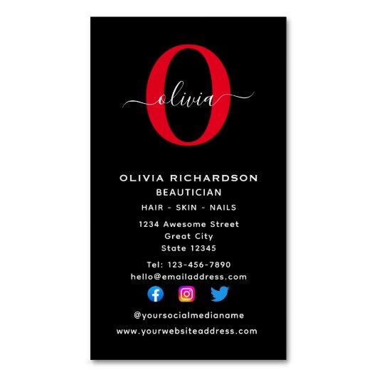 Verticaal monogram script naam zwart wit rood magnetisch visitekaartje (Voorkant Verticaal)