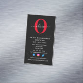 Verticaal monogram script naam zwart wit rood magnetisch visitekaartje (Voorbeeld)