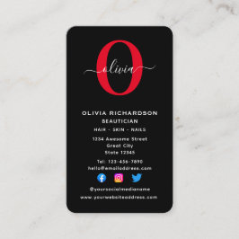 Verticaal monogram script naam zwart wit rood visitekaartje