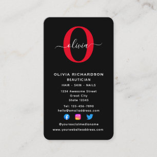 Verticaal monogram script naam zwart wit rood visitekaartje