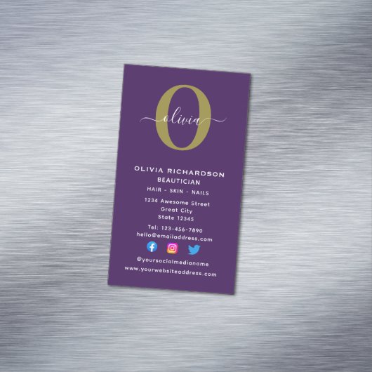 Verticaal monogram Script Name Paars White Gold Magnetisch Visitekaartje (Voorbeeld)