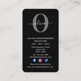 Verticaal monogram scriptnaam zwart wit grijs visitekaartje