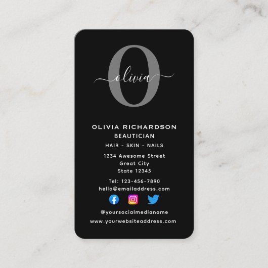 Verticaal monogram scriptnaam zwart wit grijs visitekaartje (Voorkant)