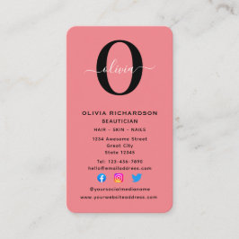 Verticaal monogram scriptnaam zwart wit roze visitekaartje