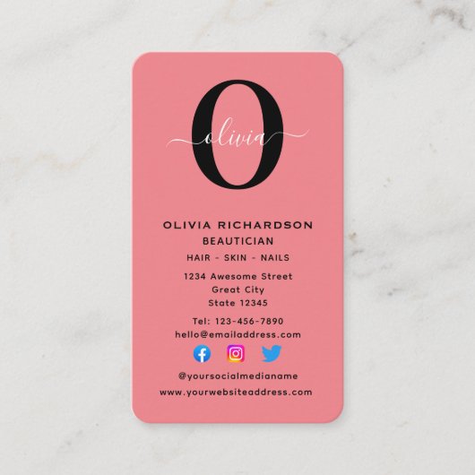 Verticaal monogram scriptnaam zwart wit roze visitekaartje (Voorkant)