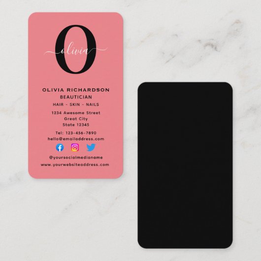 Verticaal monogram scriptnaam zwart wit roze visitekaartje (Voorkant / Achterkant)