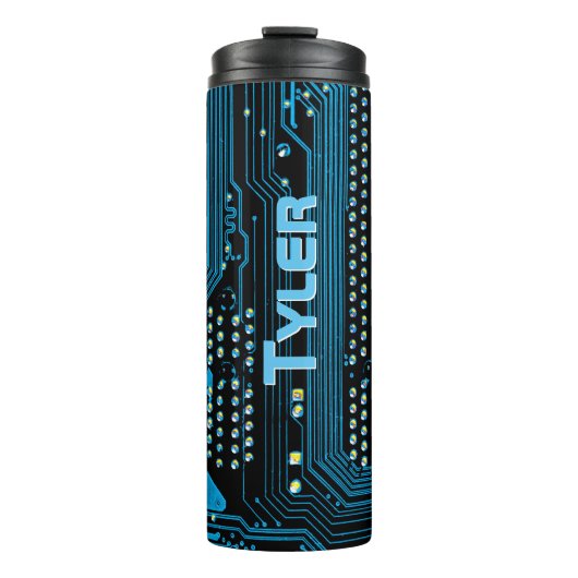 Verticaal Sky Blue Name, Blue & Black Circuit Boar Thermosbeker (Voorkant)