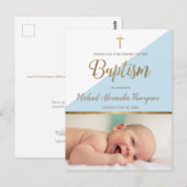 Verticaal Terug Blauw Baby Boy Foto Doop Briefkaart (Voorkant / Achterkant)