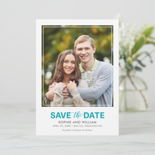 Verticaal Turquoise Blauwgroen De datumfoto opslaa Save The Date (Staand voorkant)