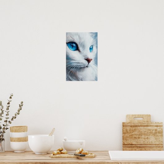 Verticaal witte kat met blauwe ogen poster (Keuken)